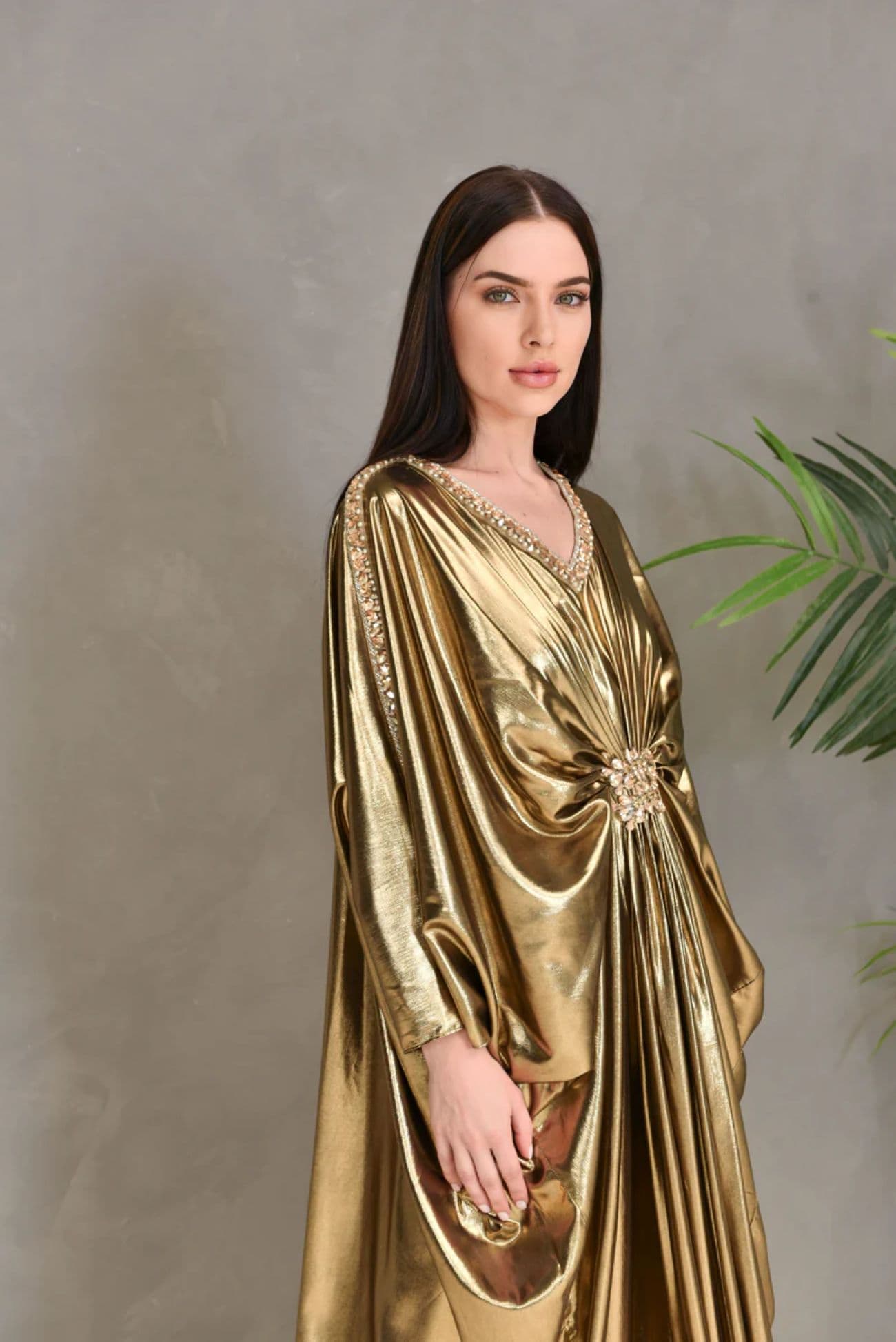 Metallic Swarovski Embroidered Kaftan Dress
