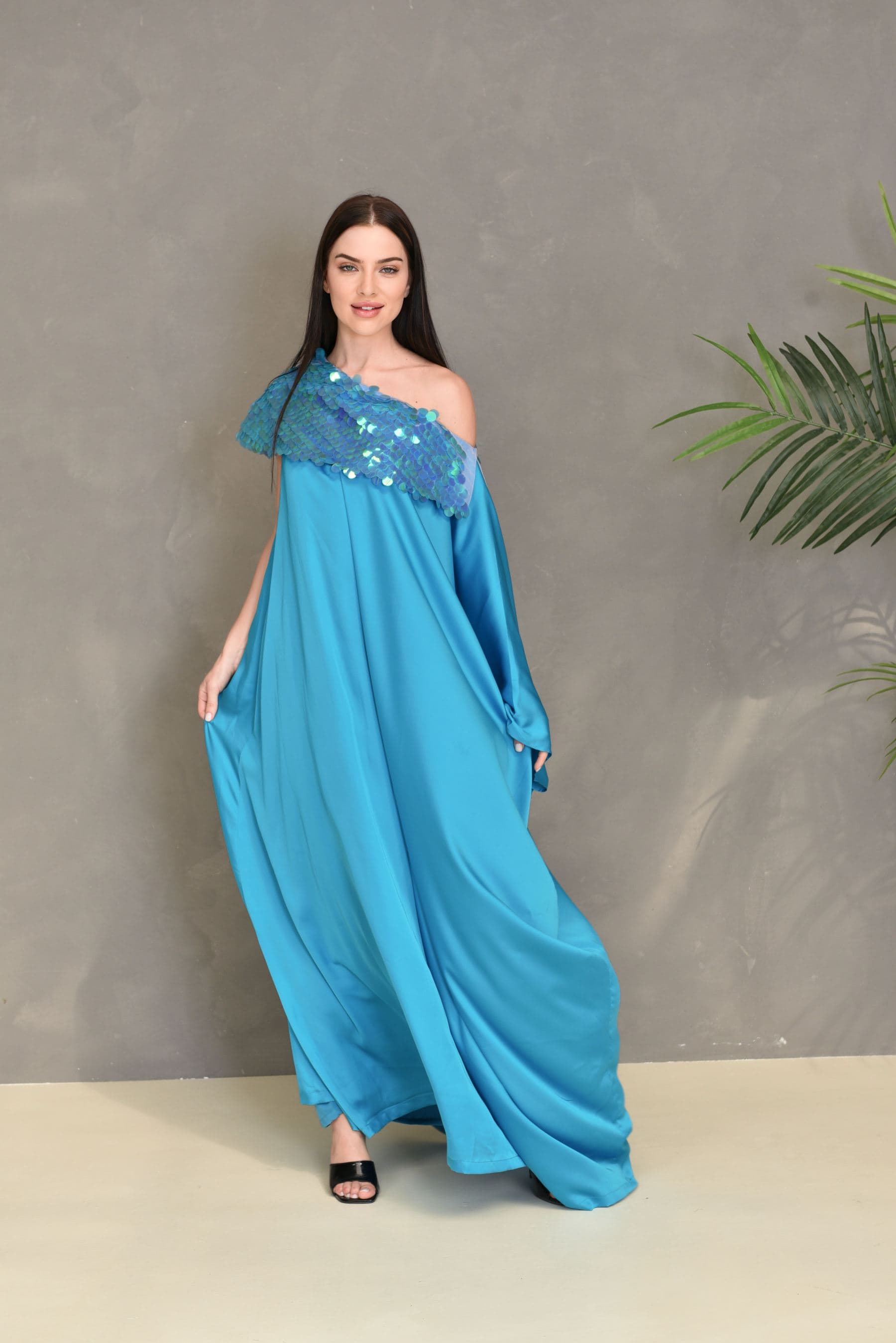Blue Kaftan – Tulle Golden Embroidered With Sequence Lace Design