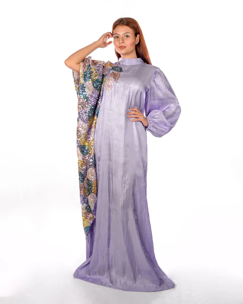 Lavender Silk Organza Kaftan With Colourful Sequins