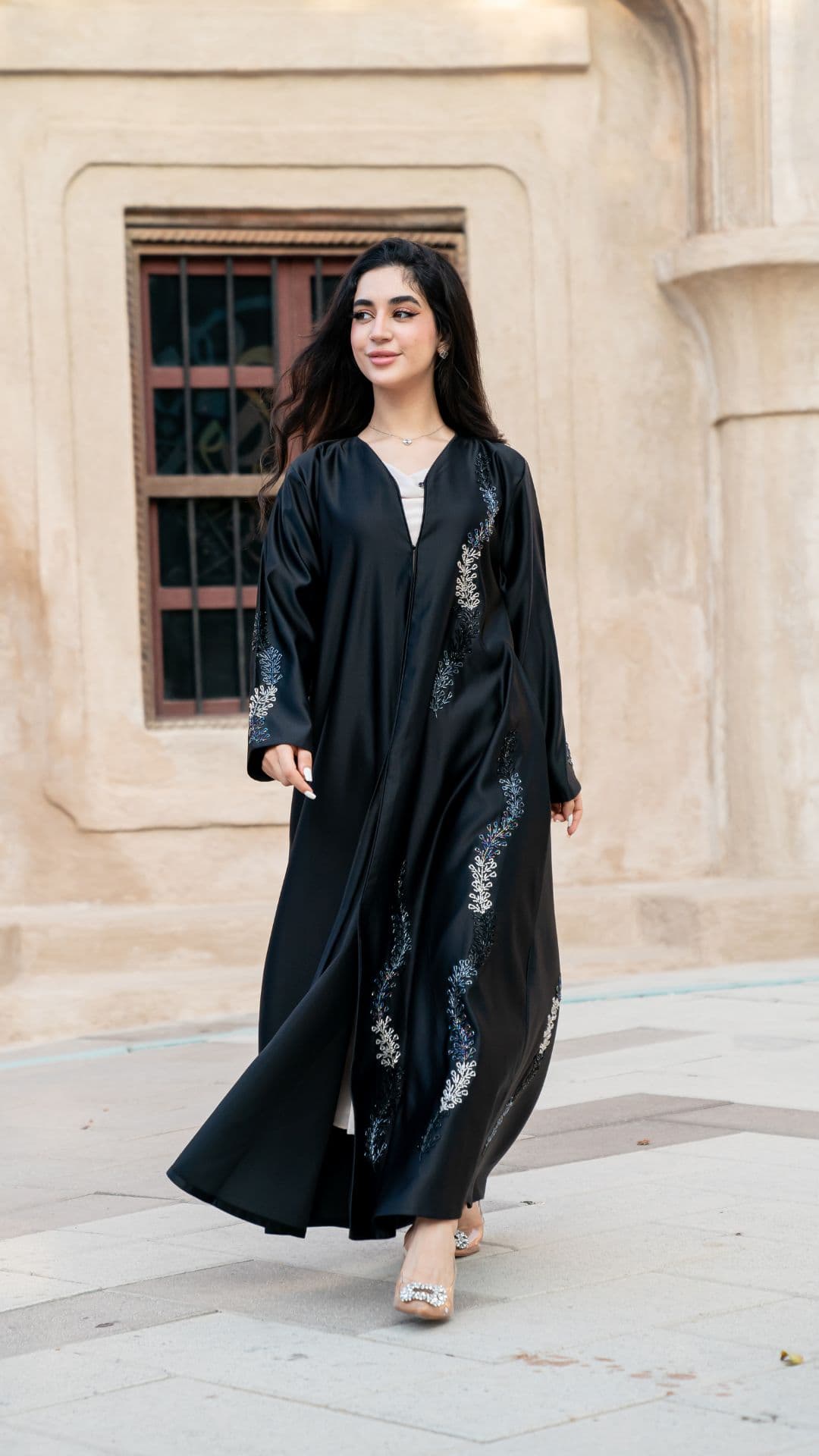 Bridal satin abaya with heavy beaded detailing