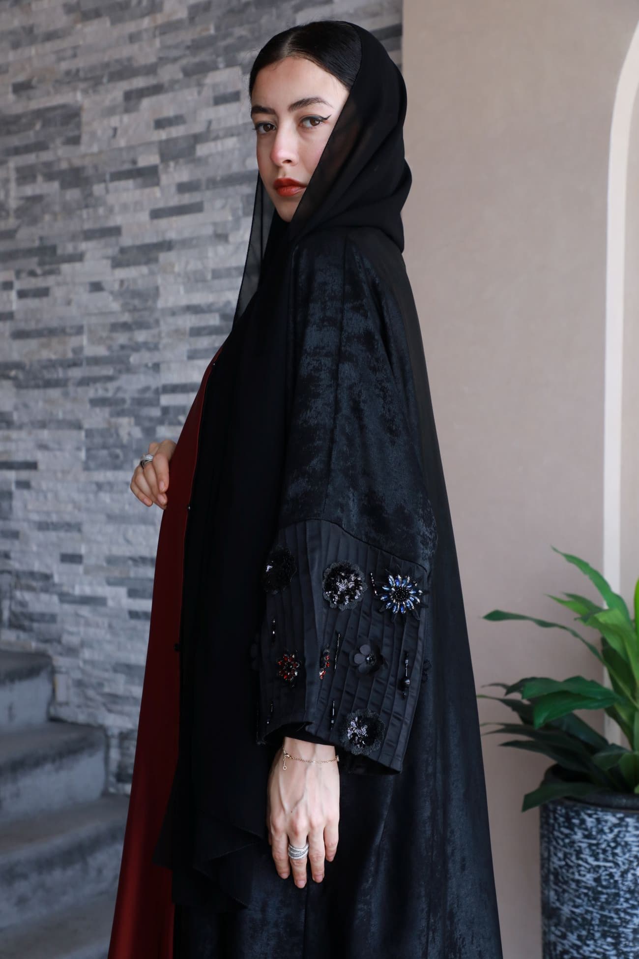 Luxury galaxy black maroon abaya with floral crystal embellished sleeves and matching headscarf