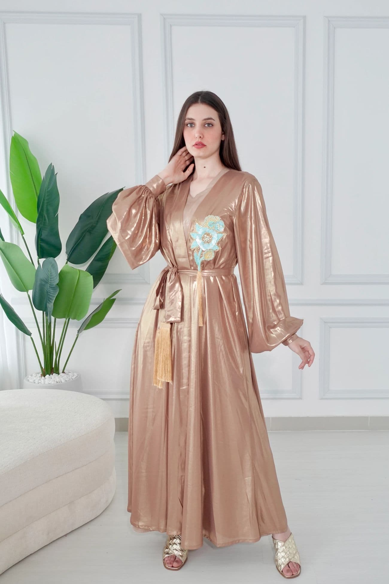 Shiny Gold Kaftan With A flower Embroidery