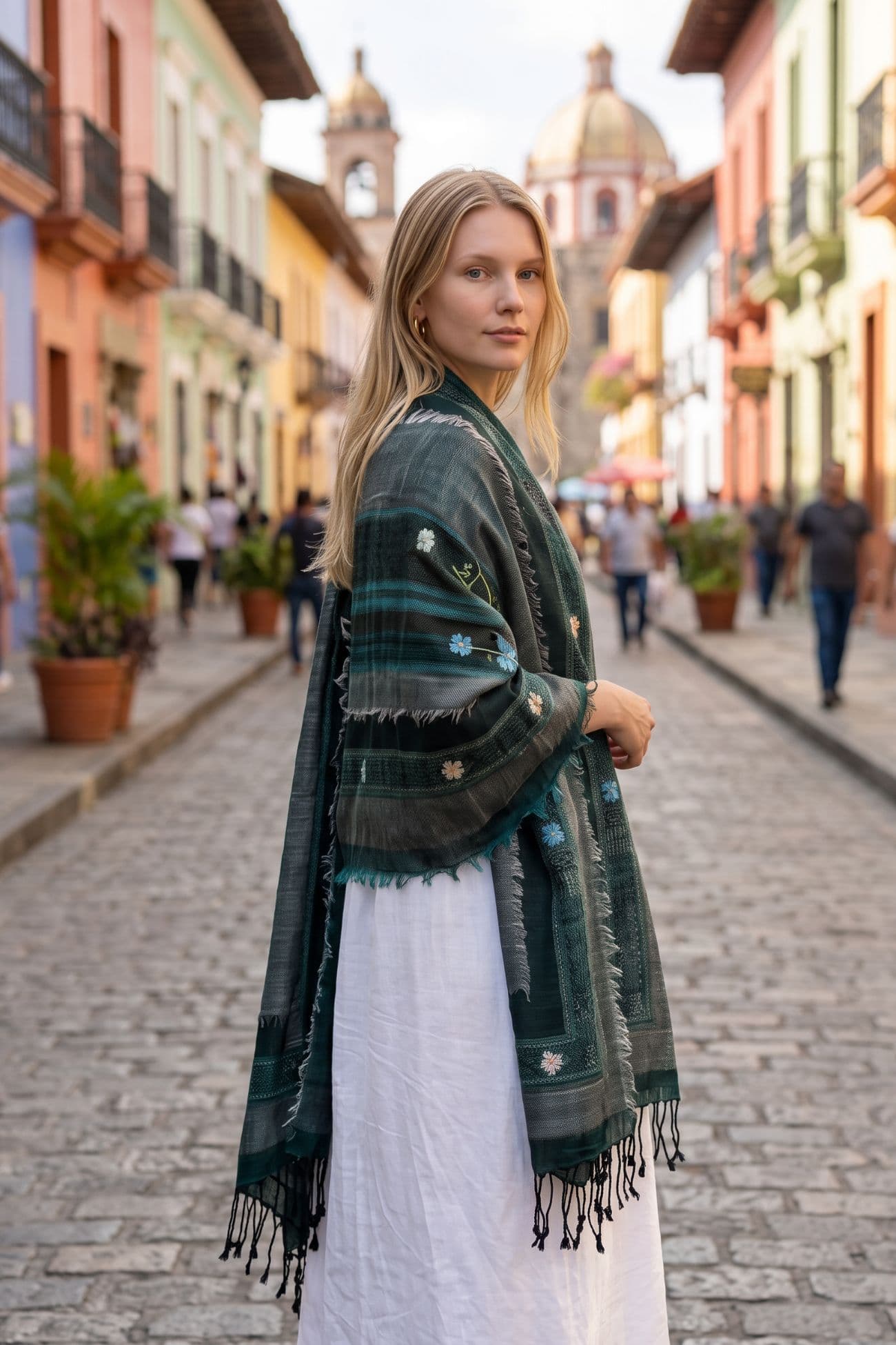 Boil Wool Embroidered Shawl — Black