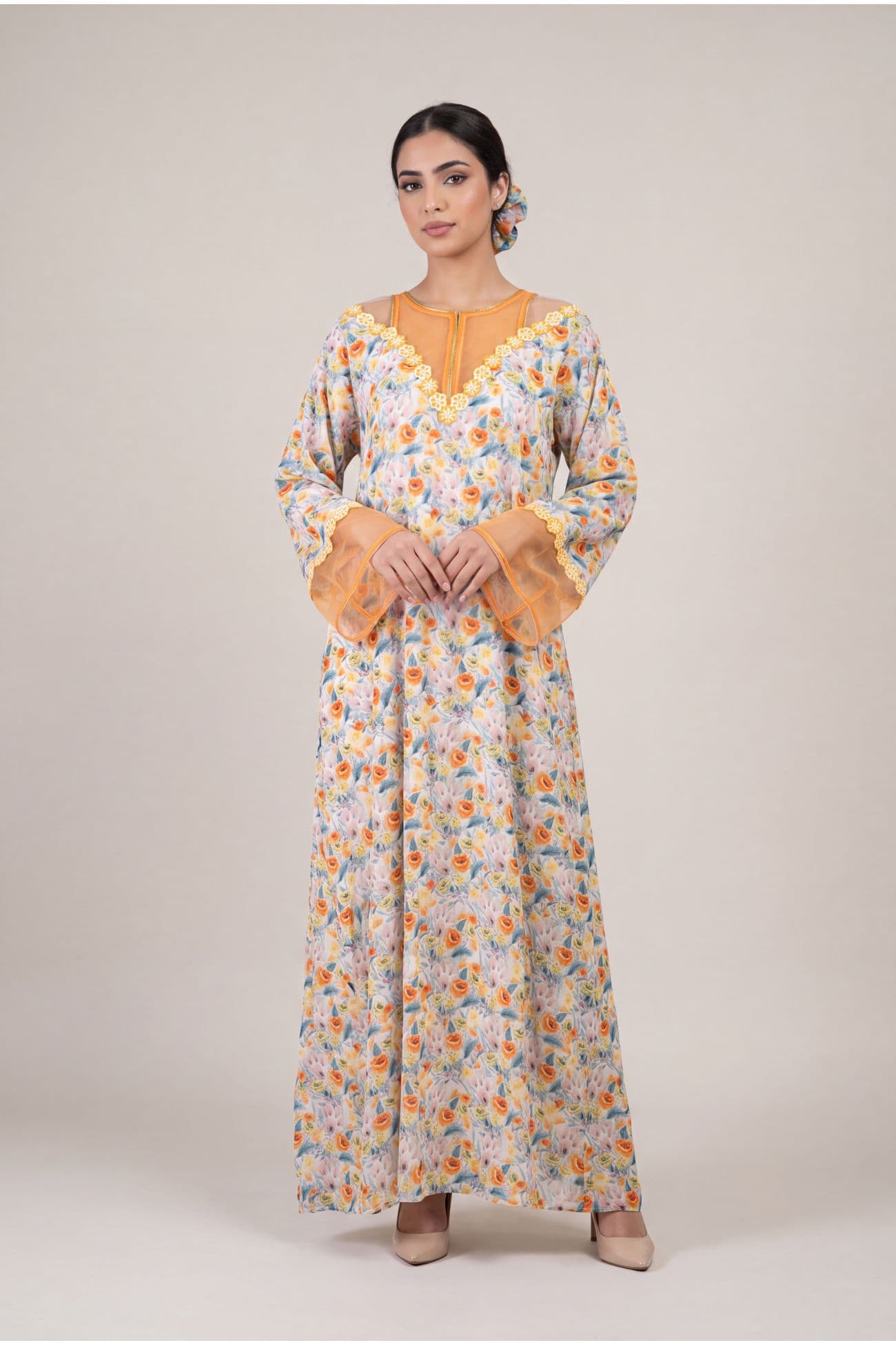 Multicolor Floral Silk Jalabiya with Mesh Neckline