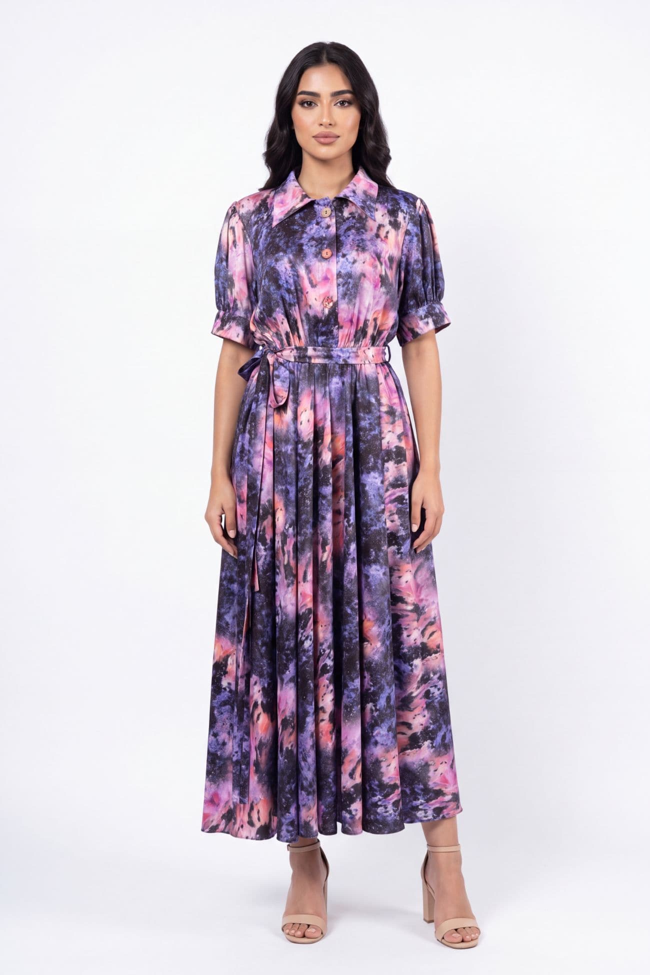 Short Sleeve Galaxy Print Silk Dress — Pink 2