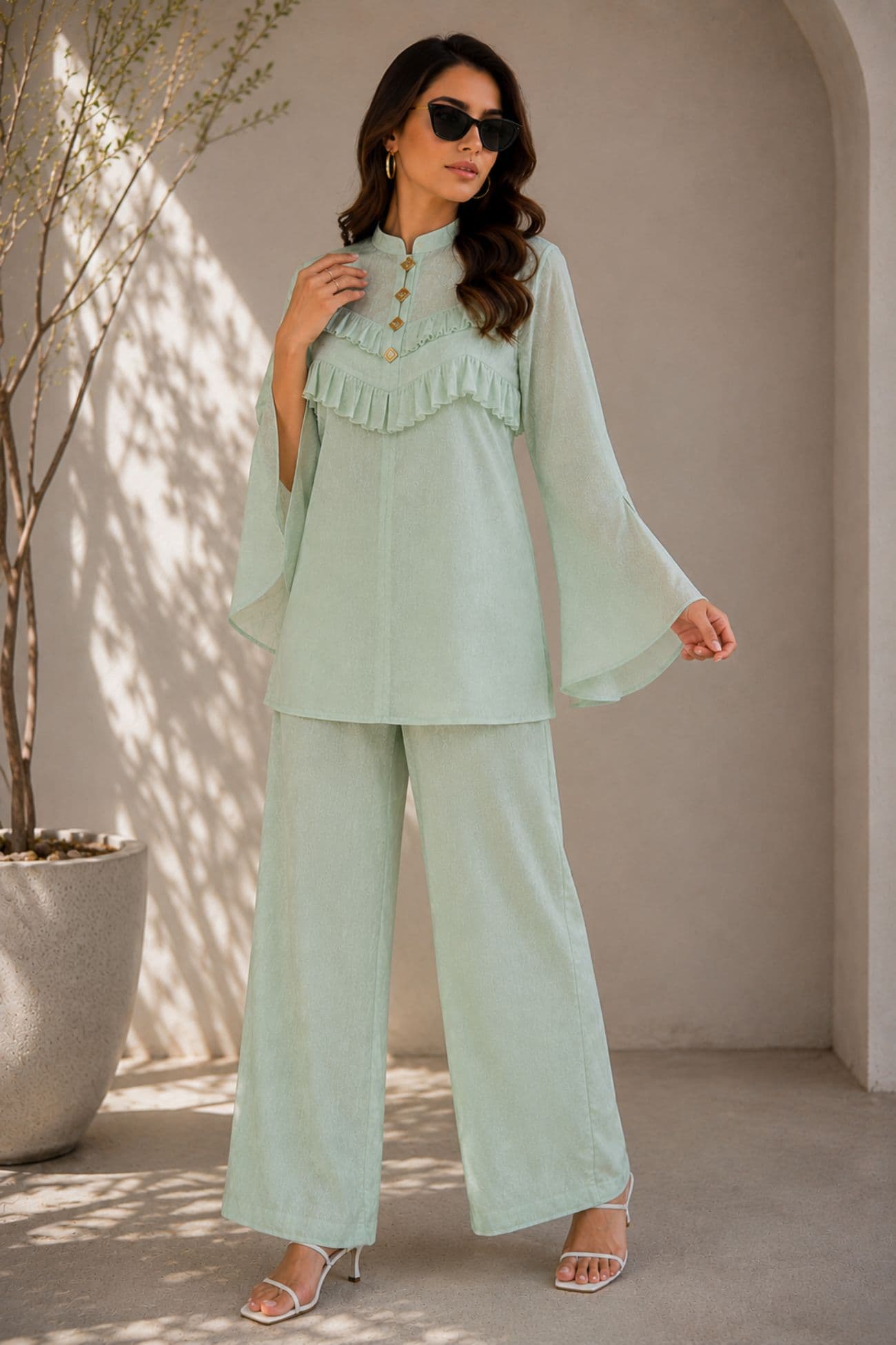 Libas lab -Mint Green Textured Co-Ord Set with Ruffle Detail & Flared Sleeves