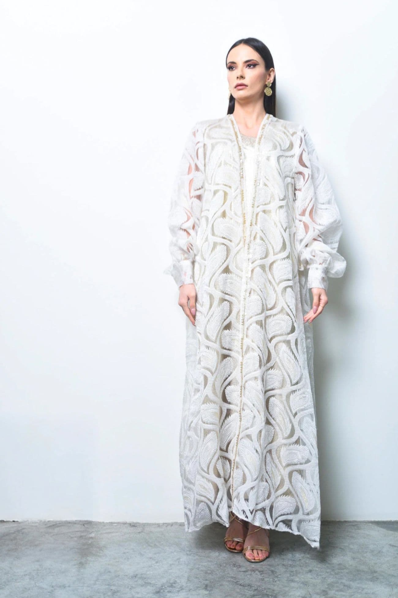Off White Belted Organza Kaftan