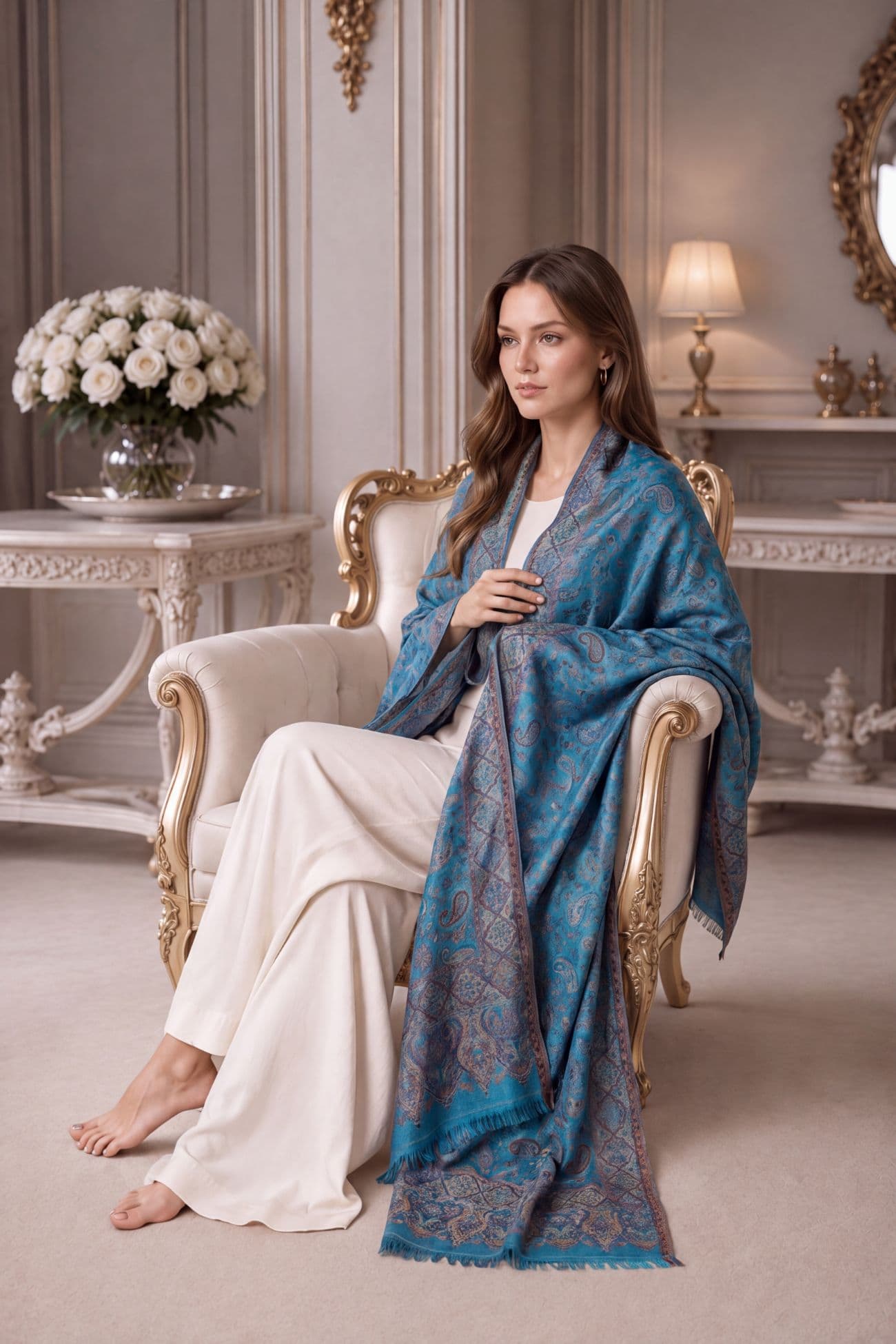 Pure Mulberry Silk & Cotton Blend Shawl — Azure Blue