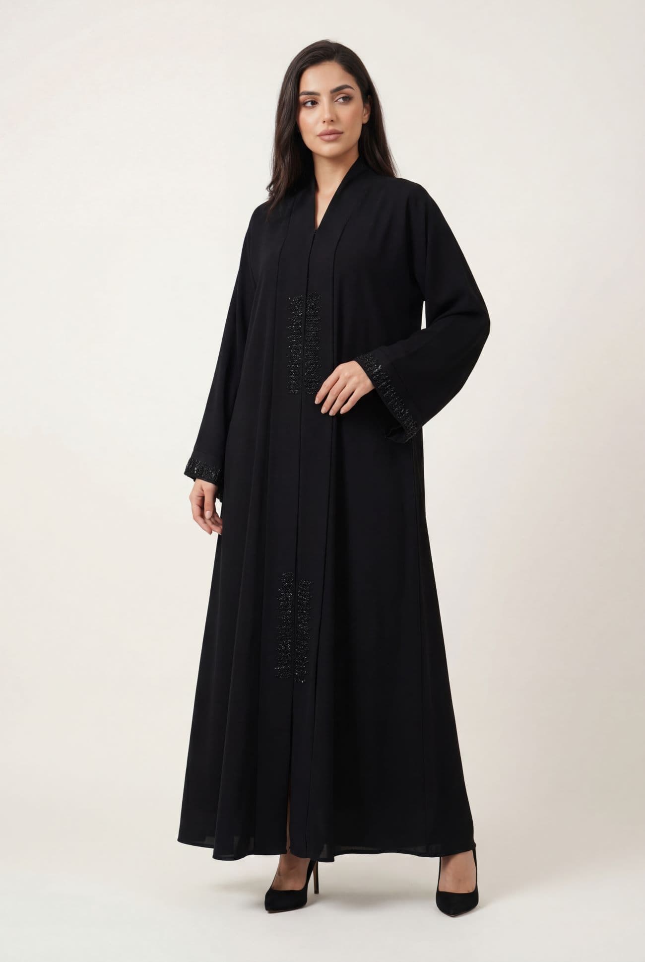 Black Nida Fabric with Small Leaves Beadwork