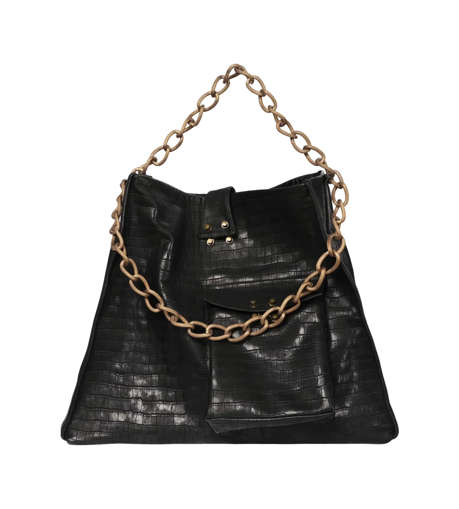 Crocodile Embossed Leather Tote Bag — Black