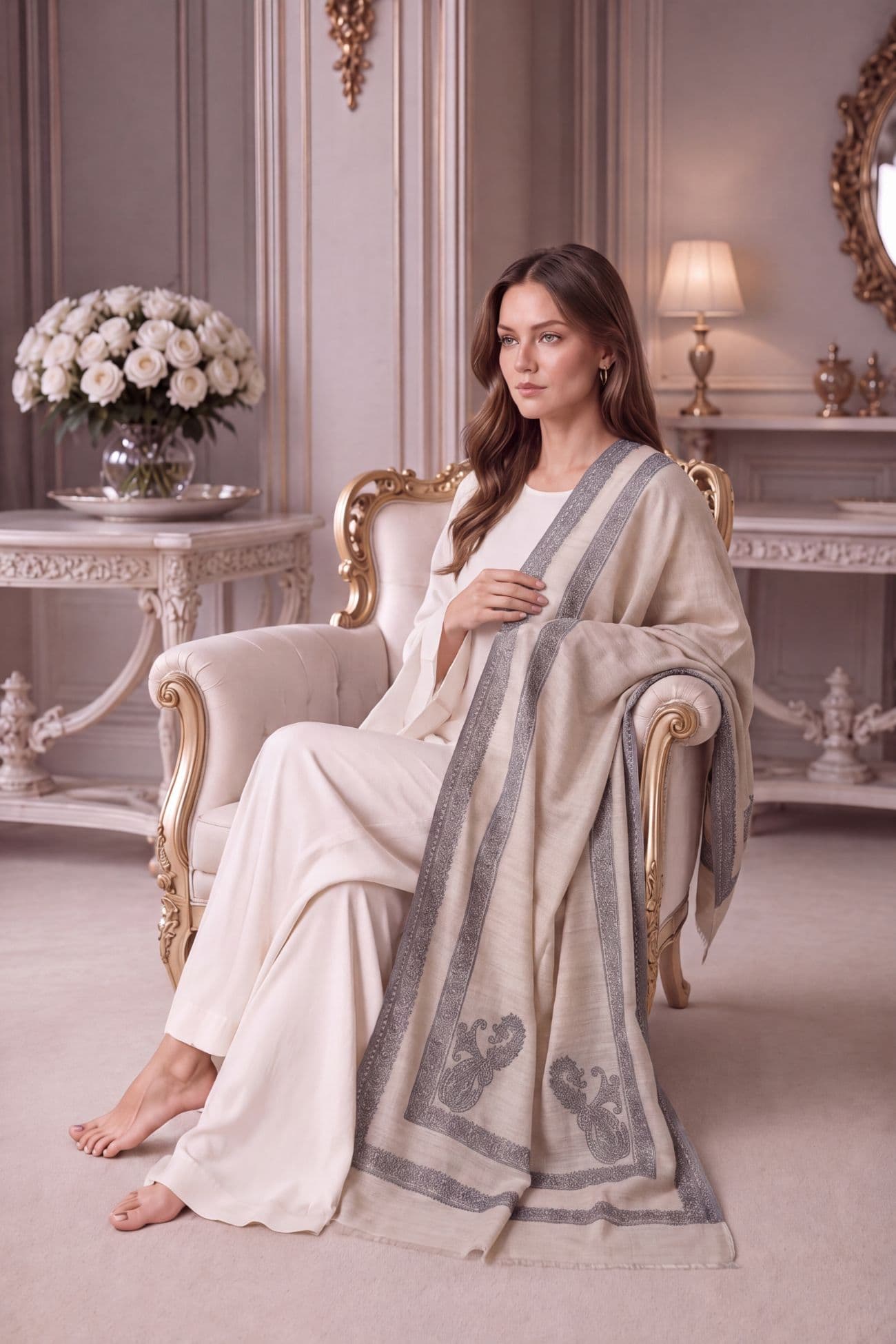 Handwoven Hashidar Shawl — Cream 2
