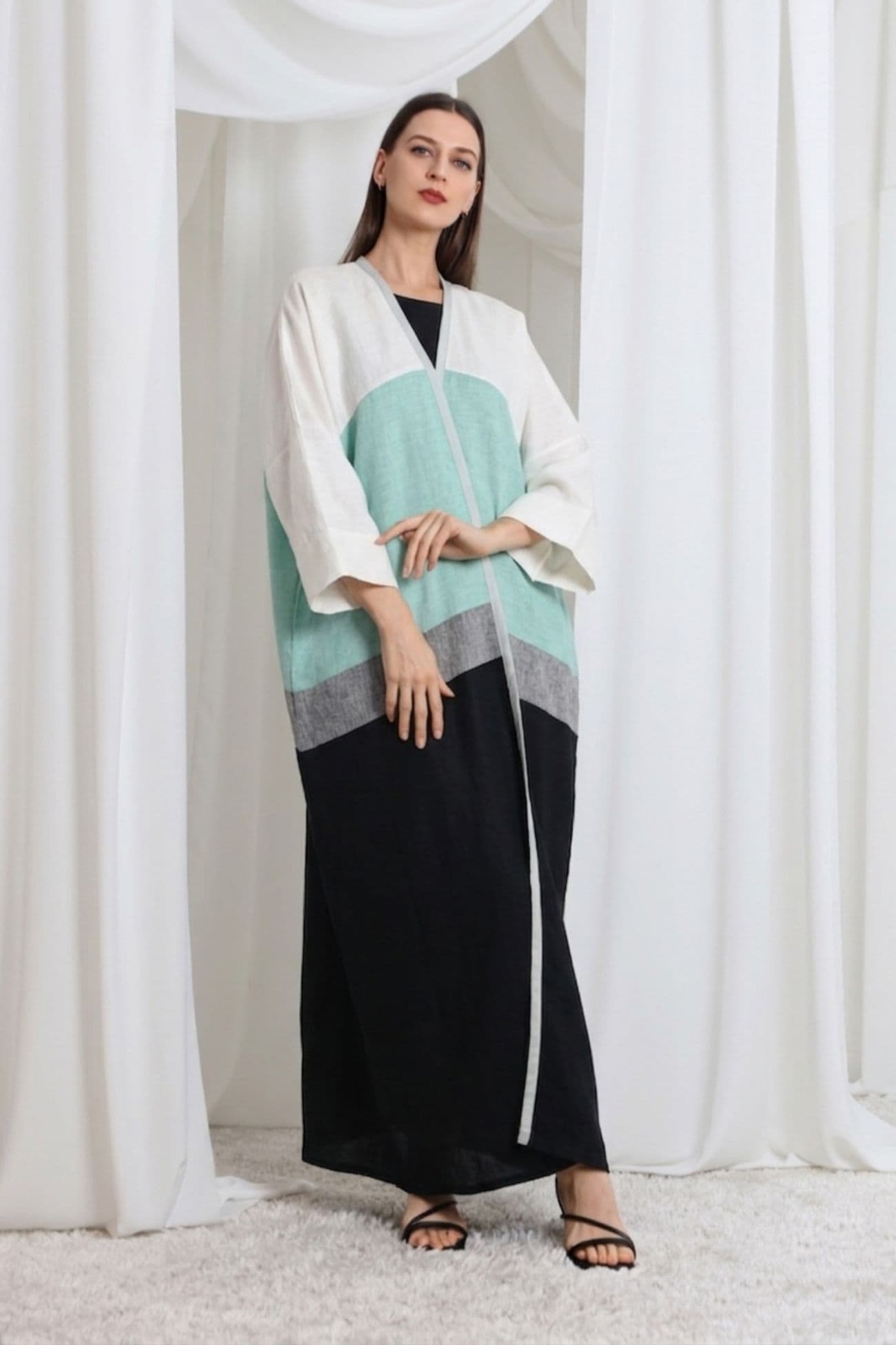 Multi Color mint green and black linen abaya