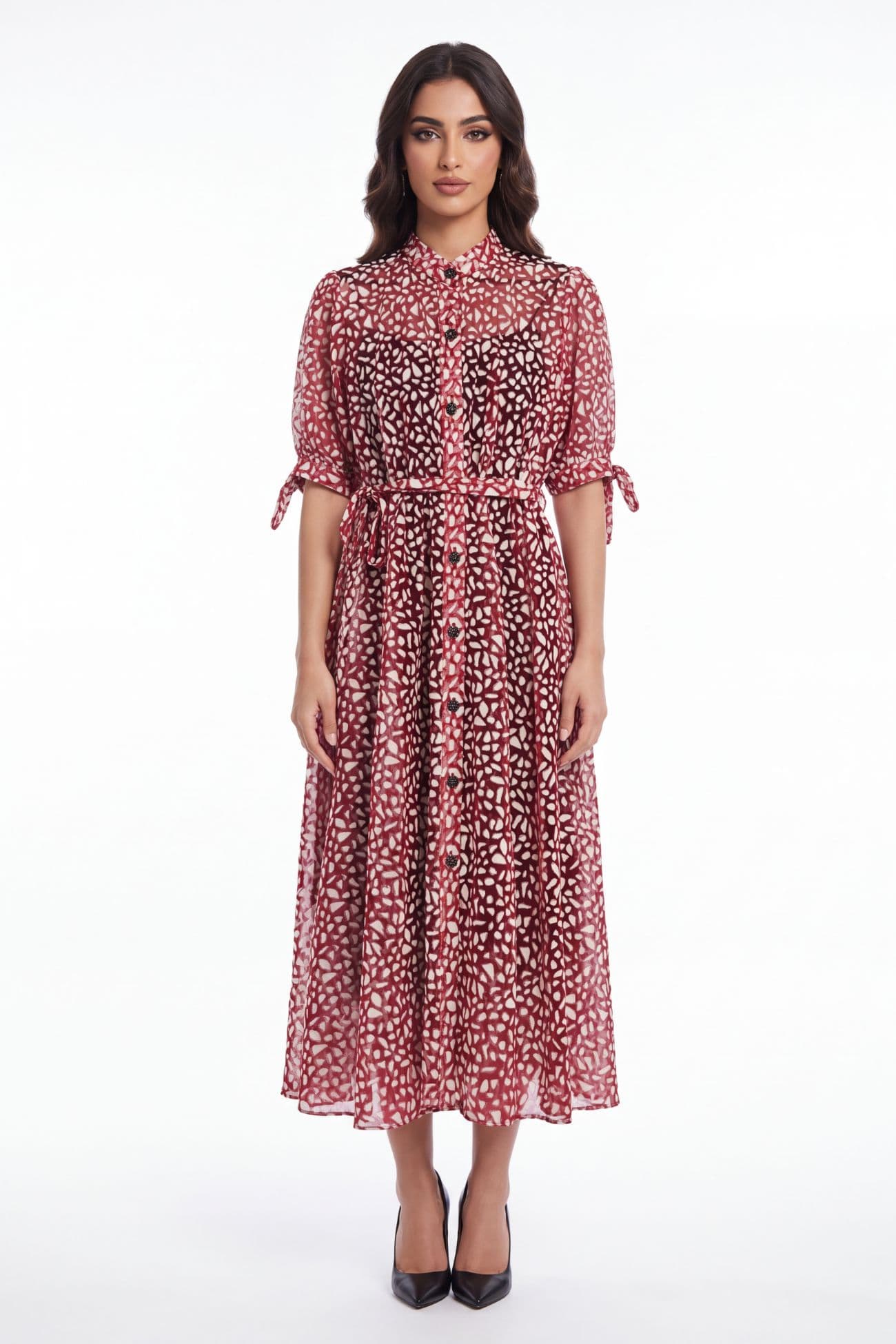 Shiny Red Short Sleeves Dress — Red 2