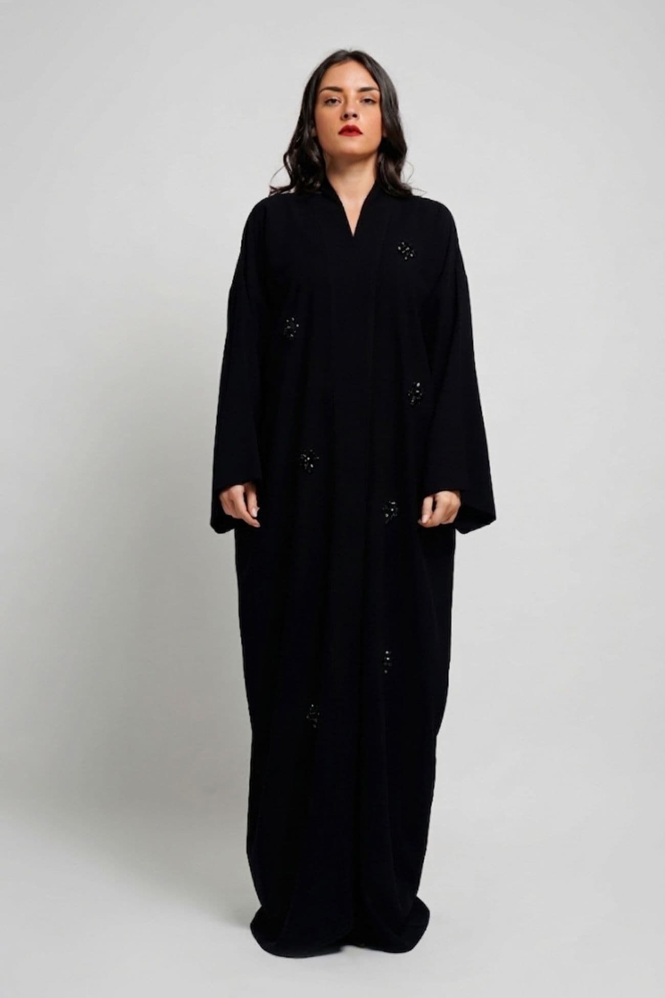 Black T-cut abaya embellished with Jet Black Swarovski crystal
