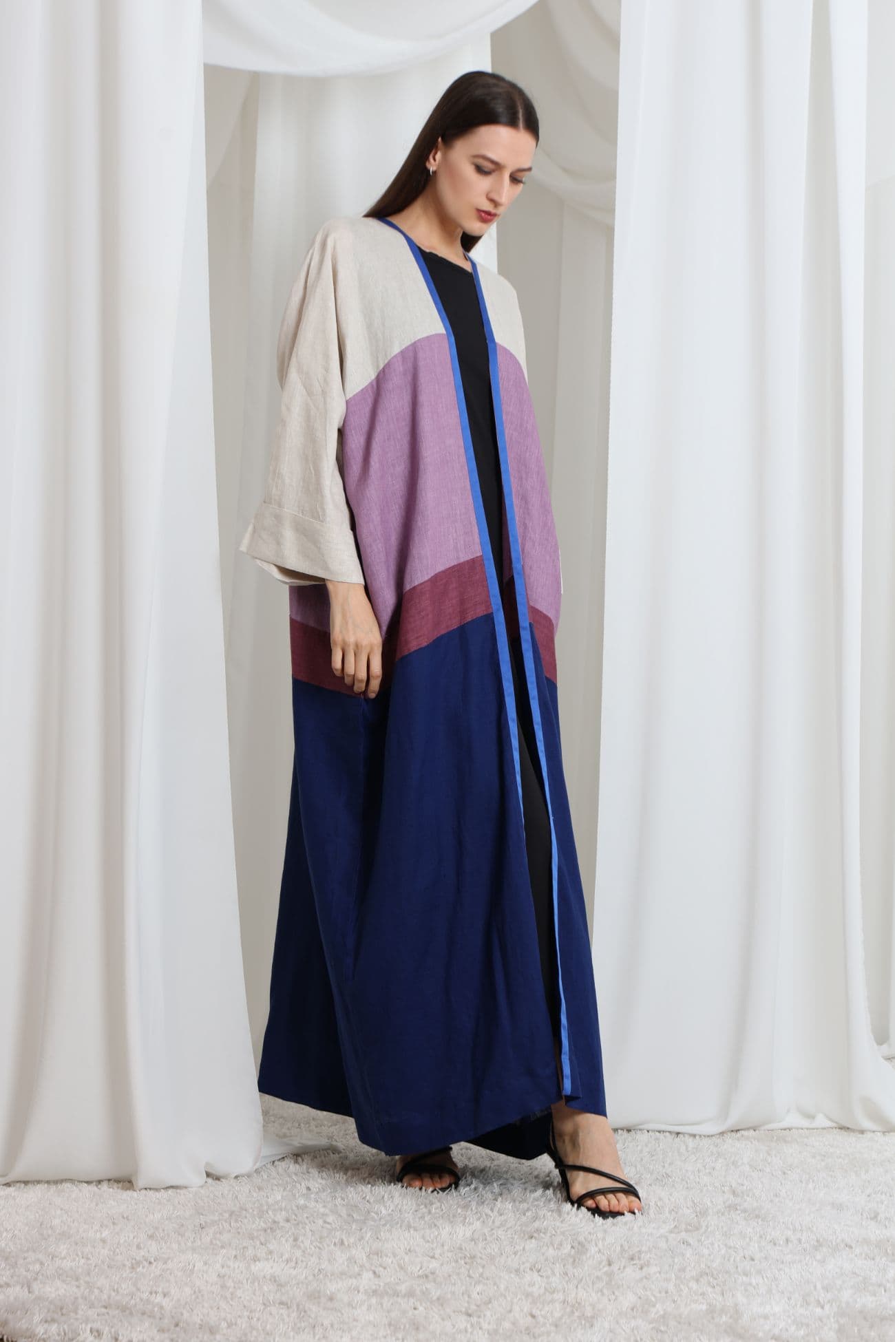 Multi Color beige-blue linen abaya