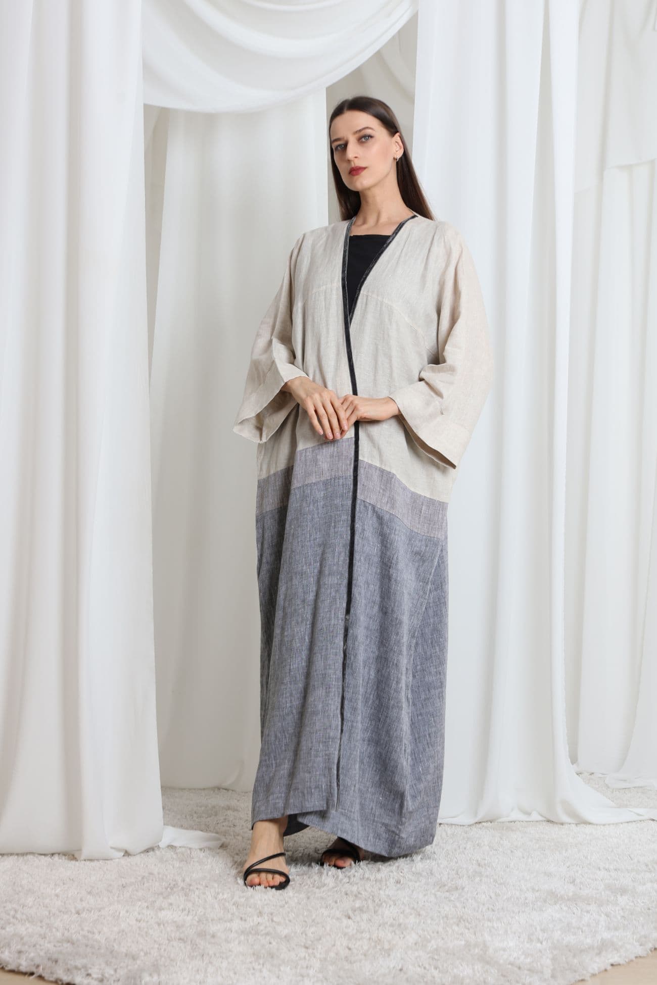 Multi Color beige and gray linen abaya