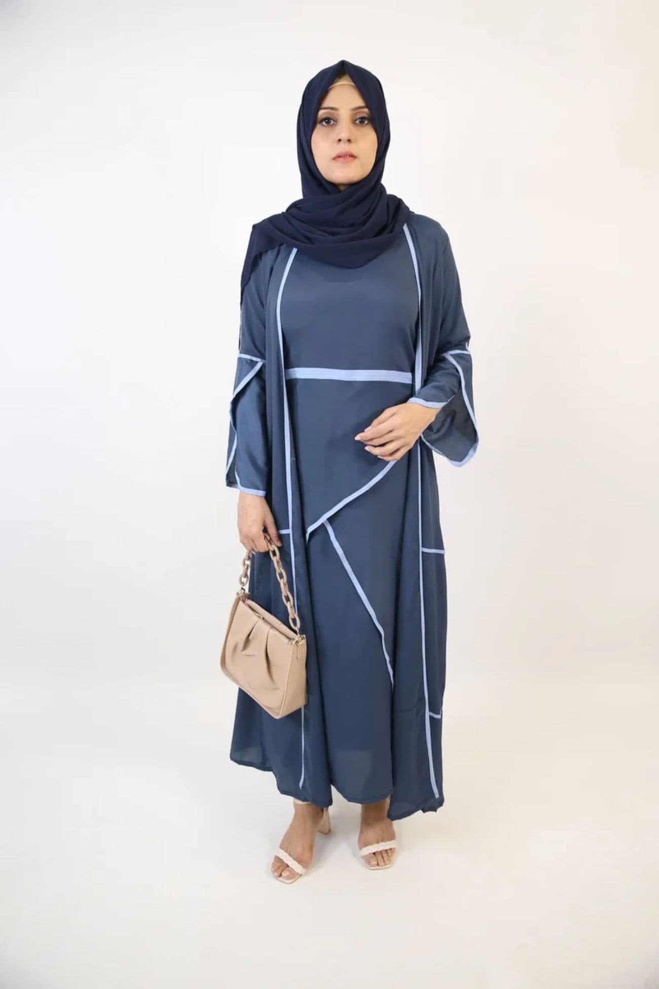 Libas lab Hadee- Timeless lightweight wrinkle free abaya dress with contrast piping detailing- Navy Blue