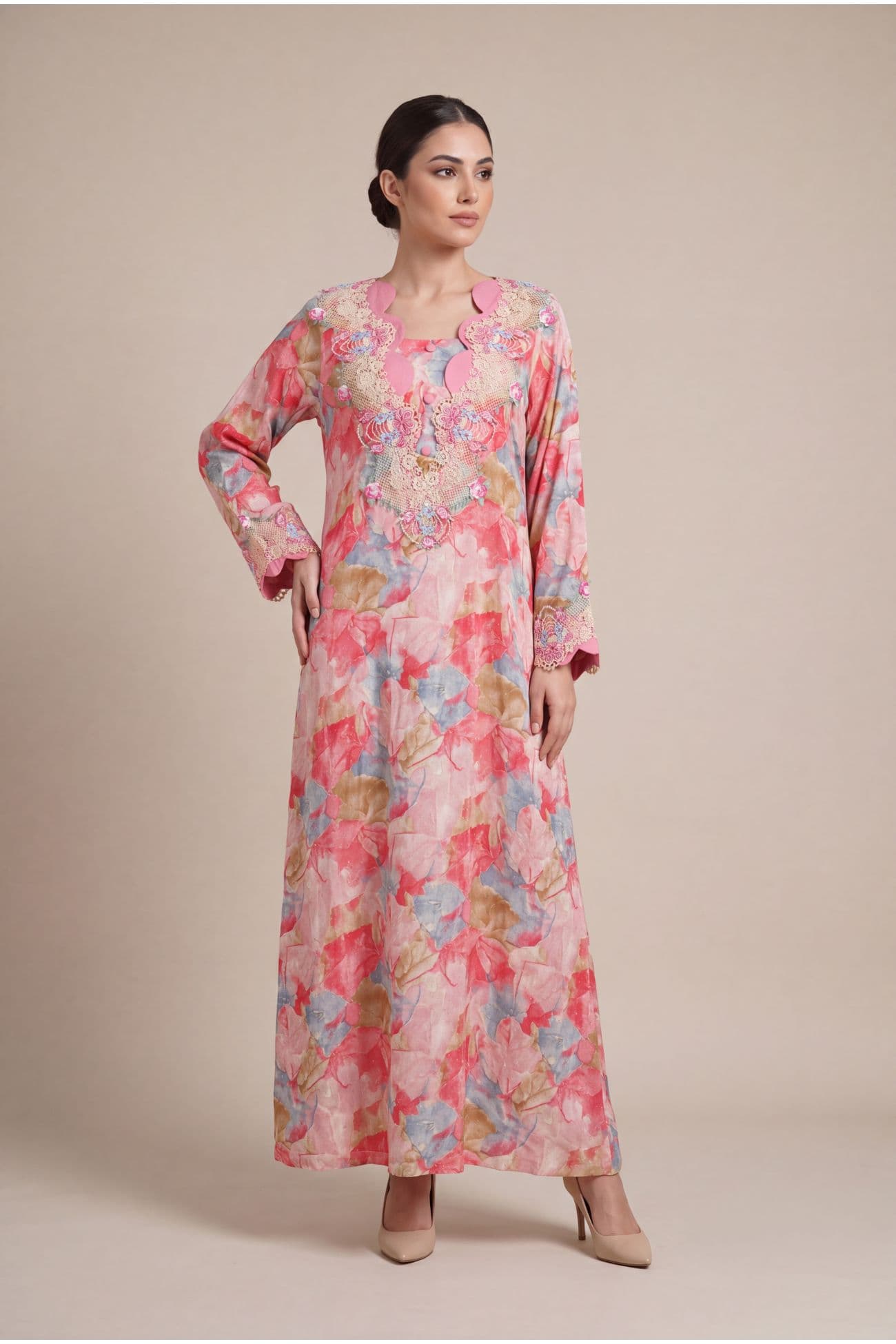 Multicolor Abstract Floral Lace-Detail Long Sleeve Jalabiya