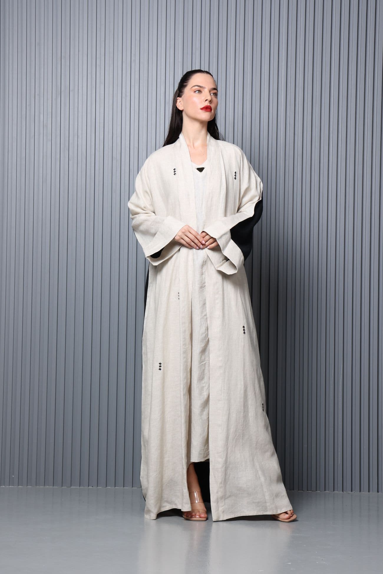 Linen beige, black Abaya