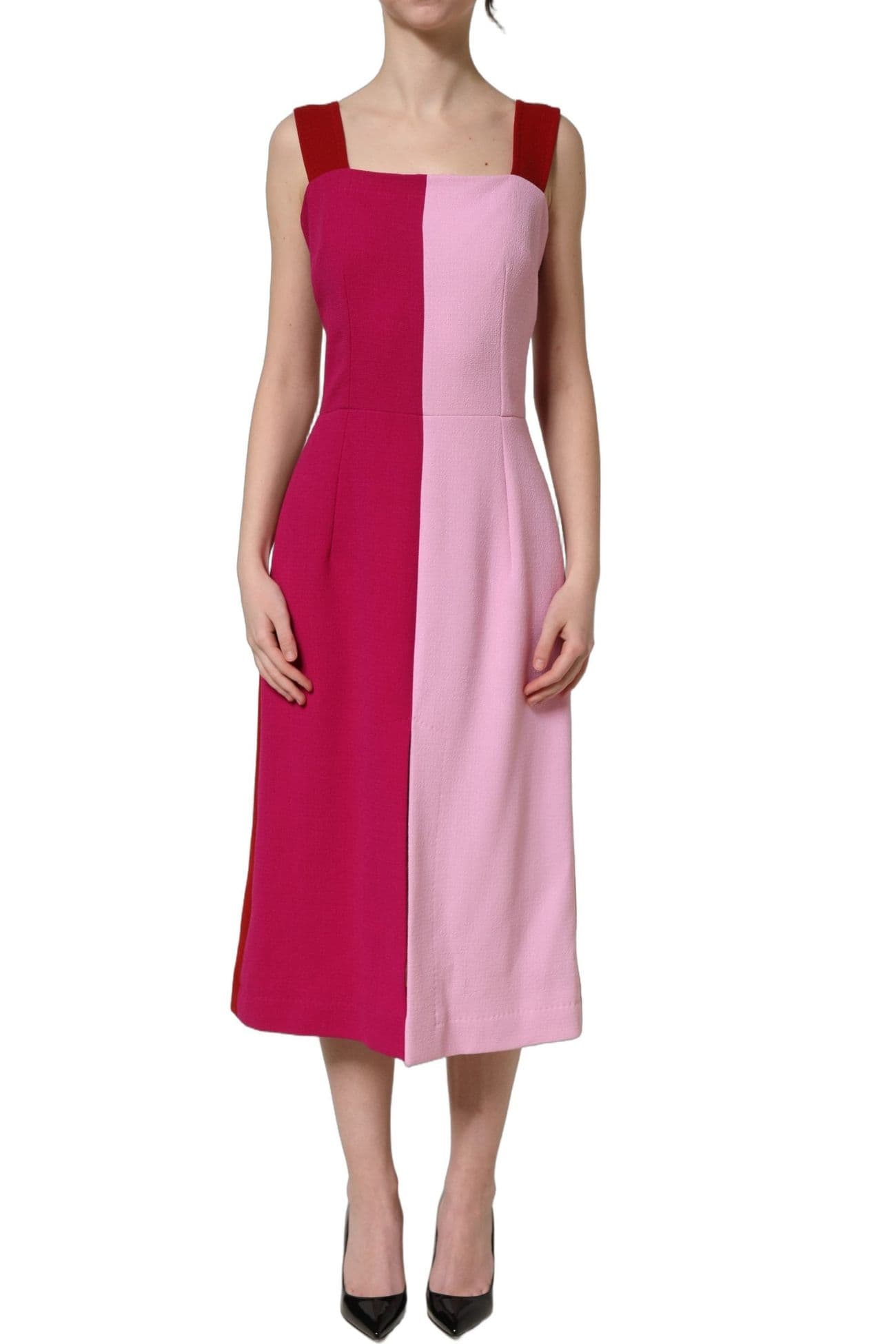 Dolce & Gabbana Two-Tone Pink Stretch Wool Sleeveless Midi Dress