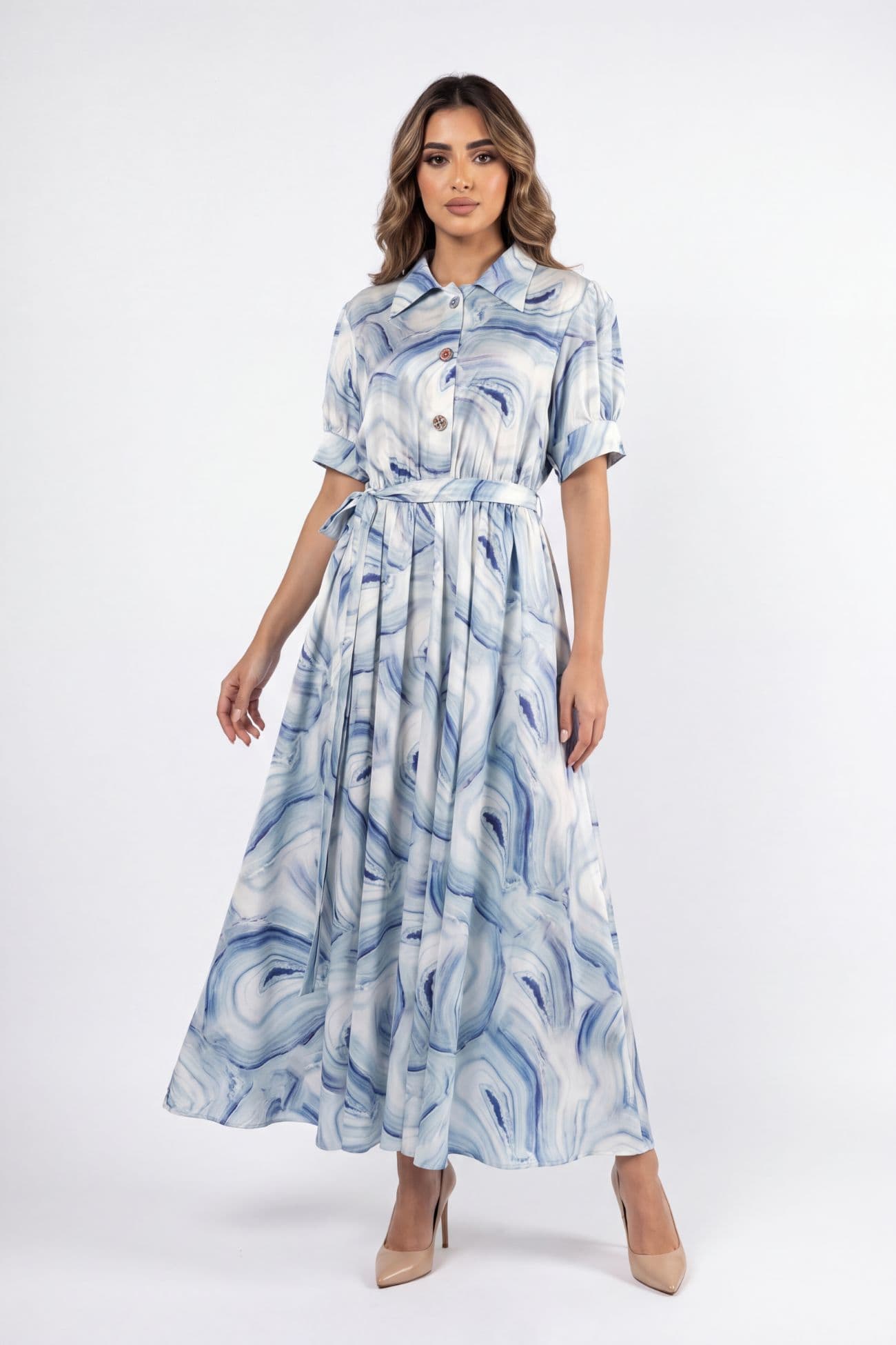 Short Sleeve Silk Dress — Blue 2