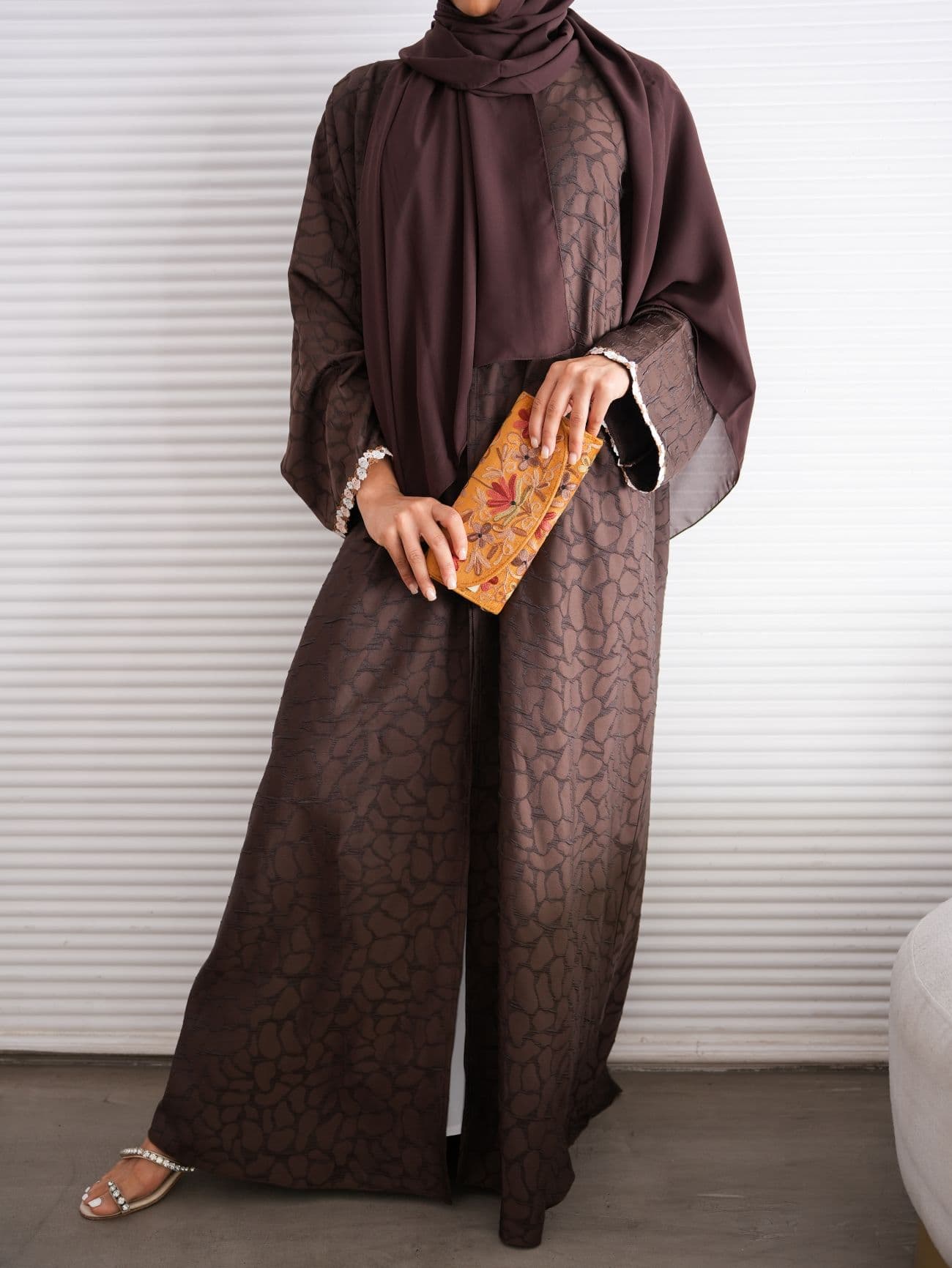 Strawberry Abaya Premium Jacquard Semi Bisht Printed Abaya