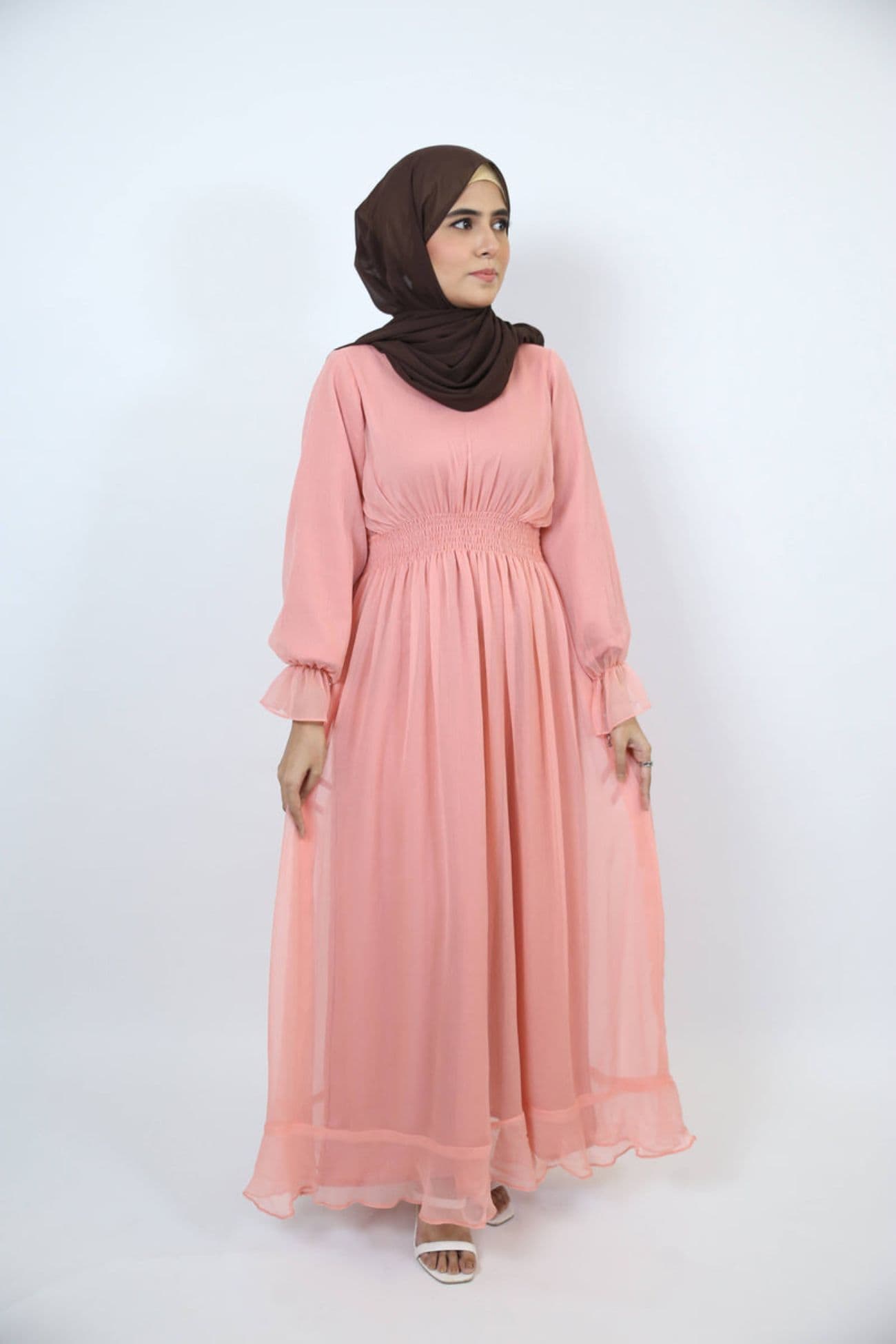 Libas lab Wardiya - Fascinating chiffon lined maxi dress with pleated waist and ruffled sleeves - Rose Pink