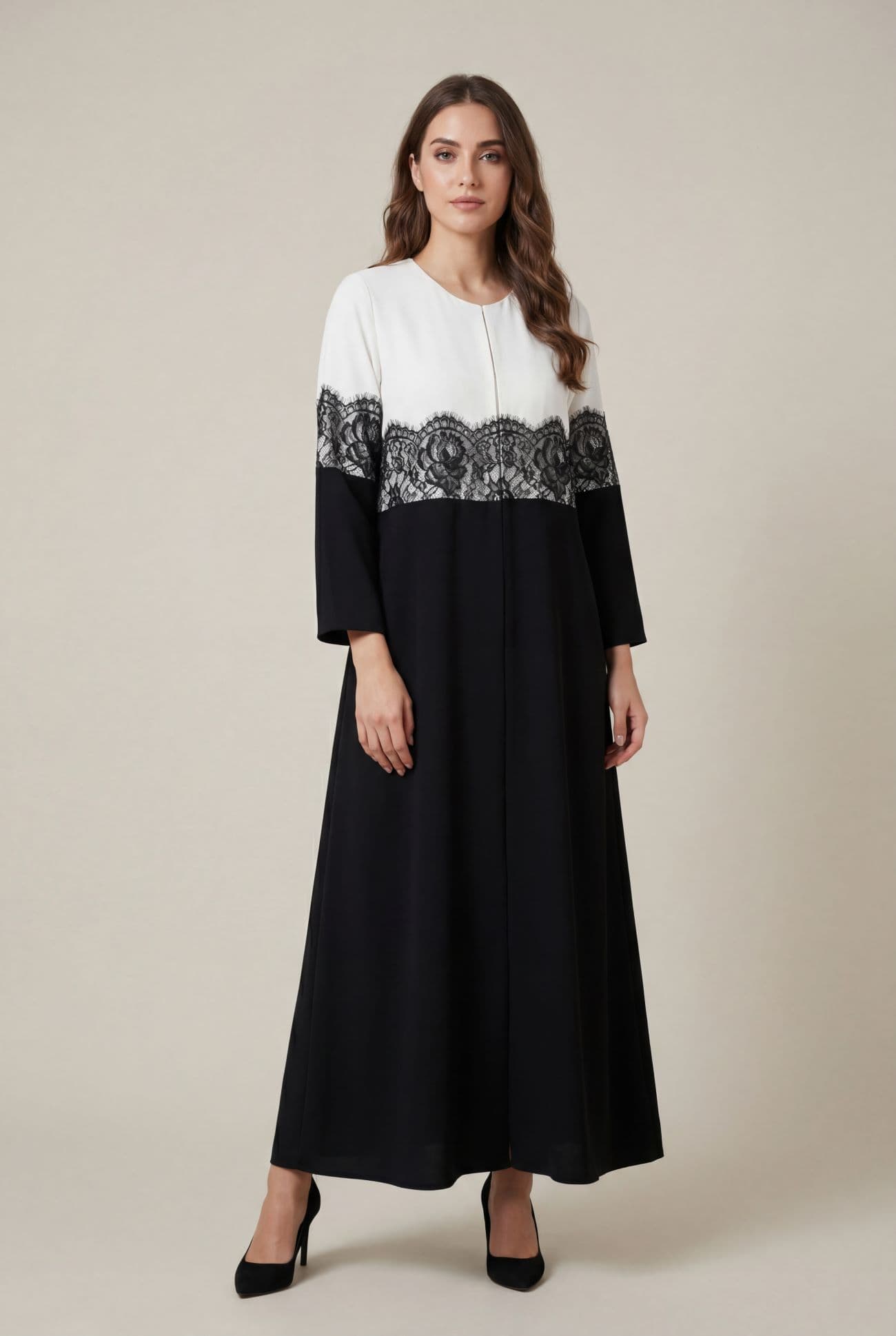 Ivory & Black Contrast Lace Panel Abaya