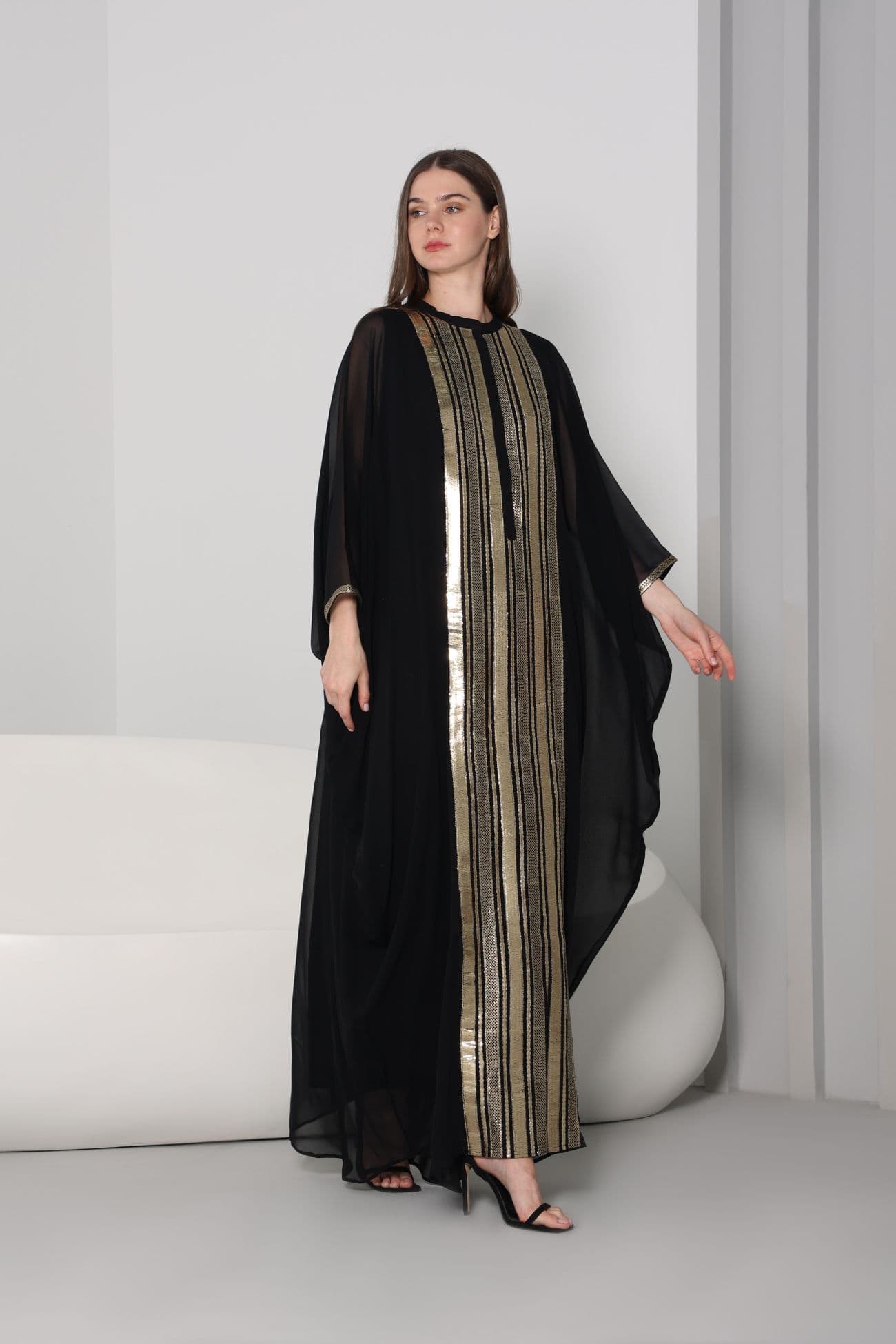 Black chiffon-georgette kaftan with Golden Embroidery