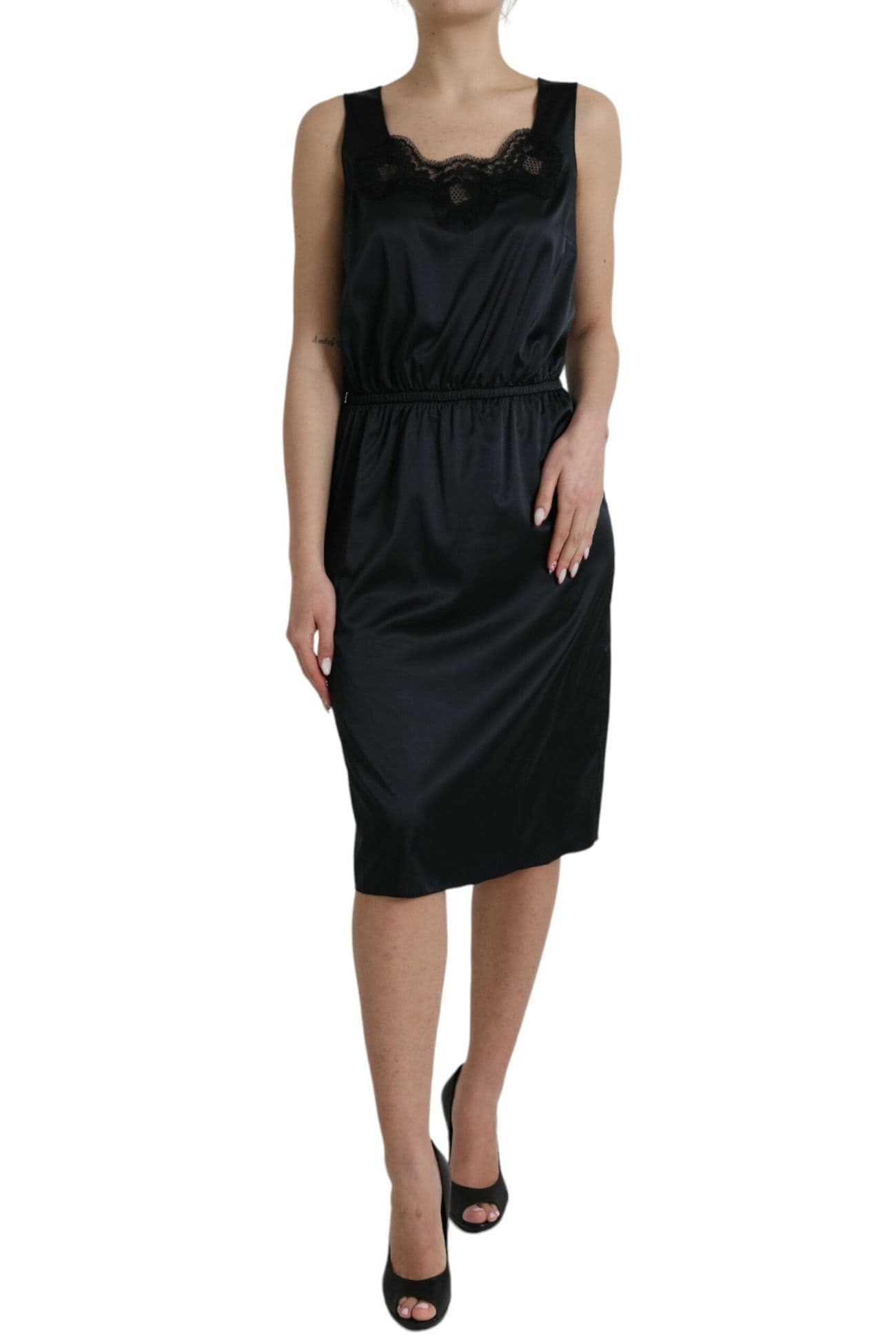 Dolce & Gabbana Black Lace Trim Sheath Midi Dress