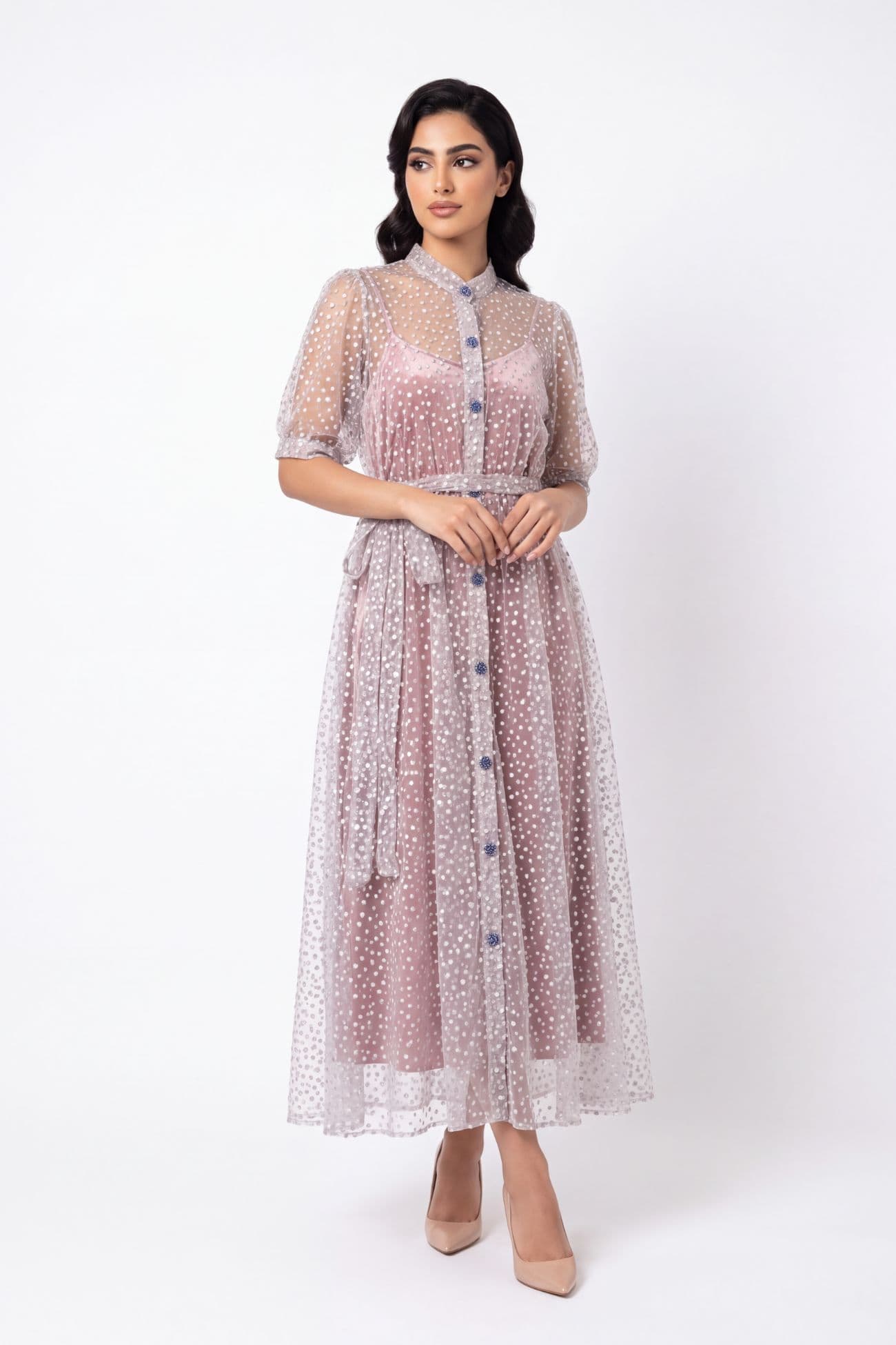 Shiny Light Pink Short Sleeves Dress — Light Pink 2