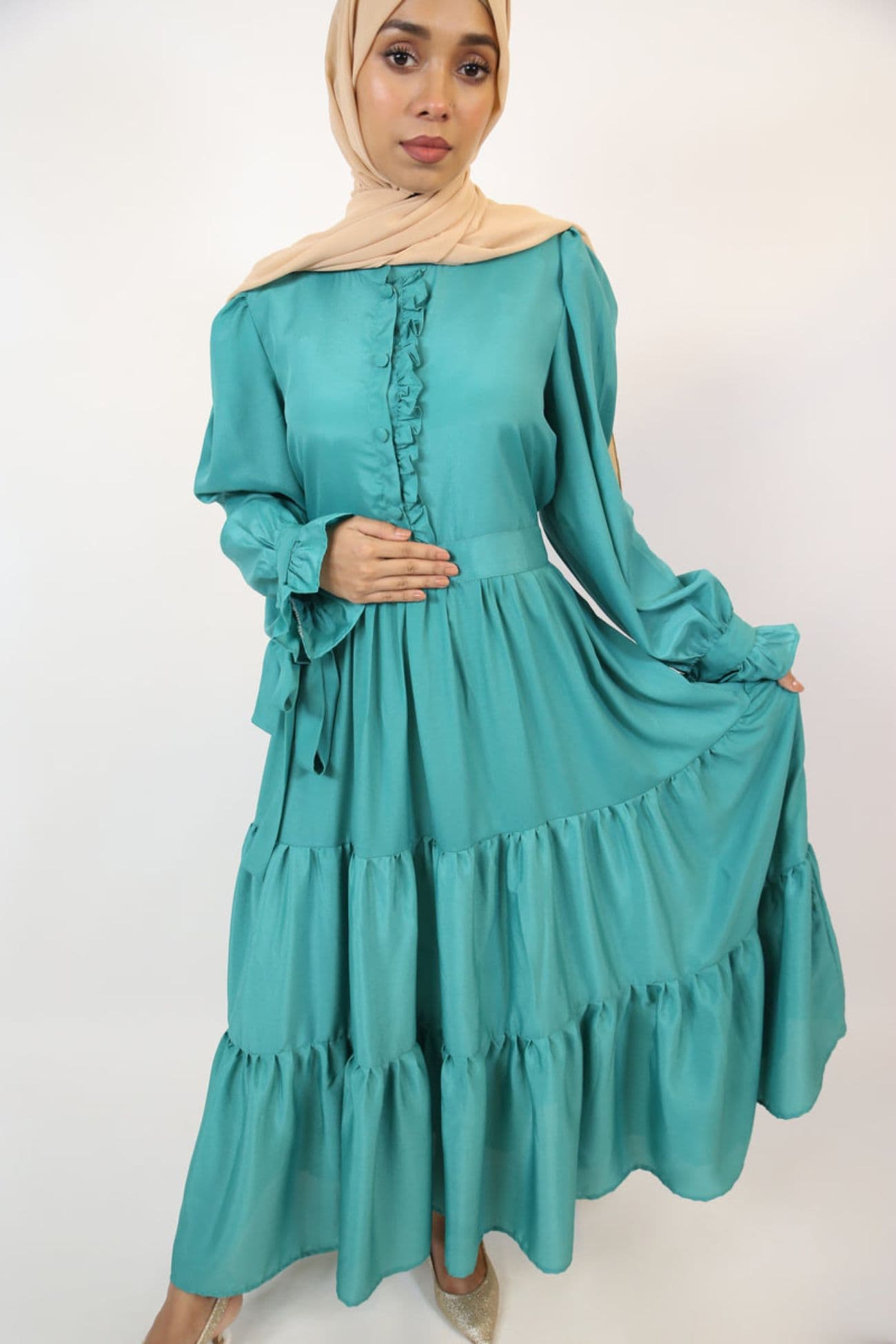 Libas lab Yashab - Dazzling wrinkle free maxi dress with bow sleeves and ruched detailing with back tie belt -