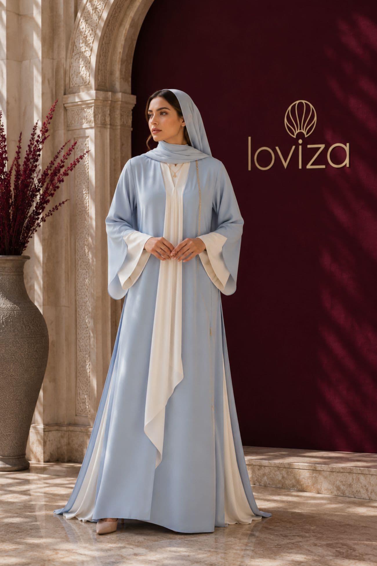 Safiya Powder Blue & Ivory Contrast Abaya