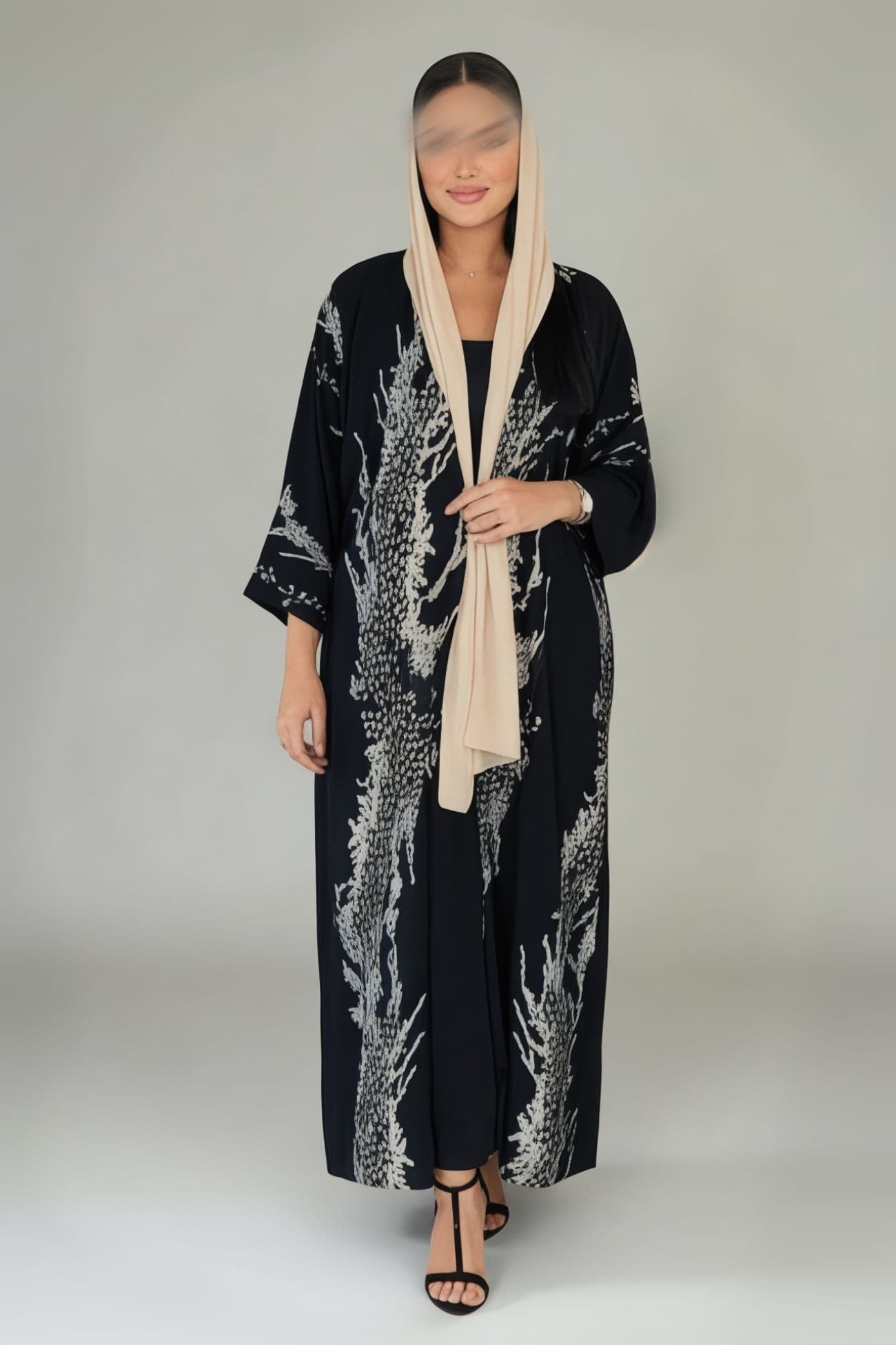 Chiffon abaya with silver and gold computer embroidery