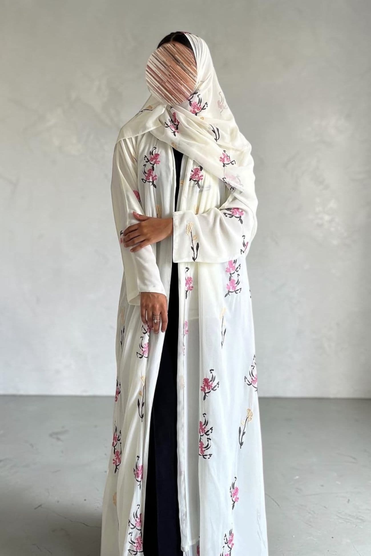 White chiffon abaya with full embroidery